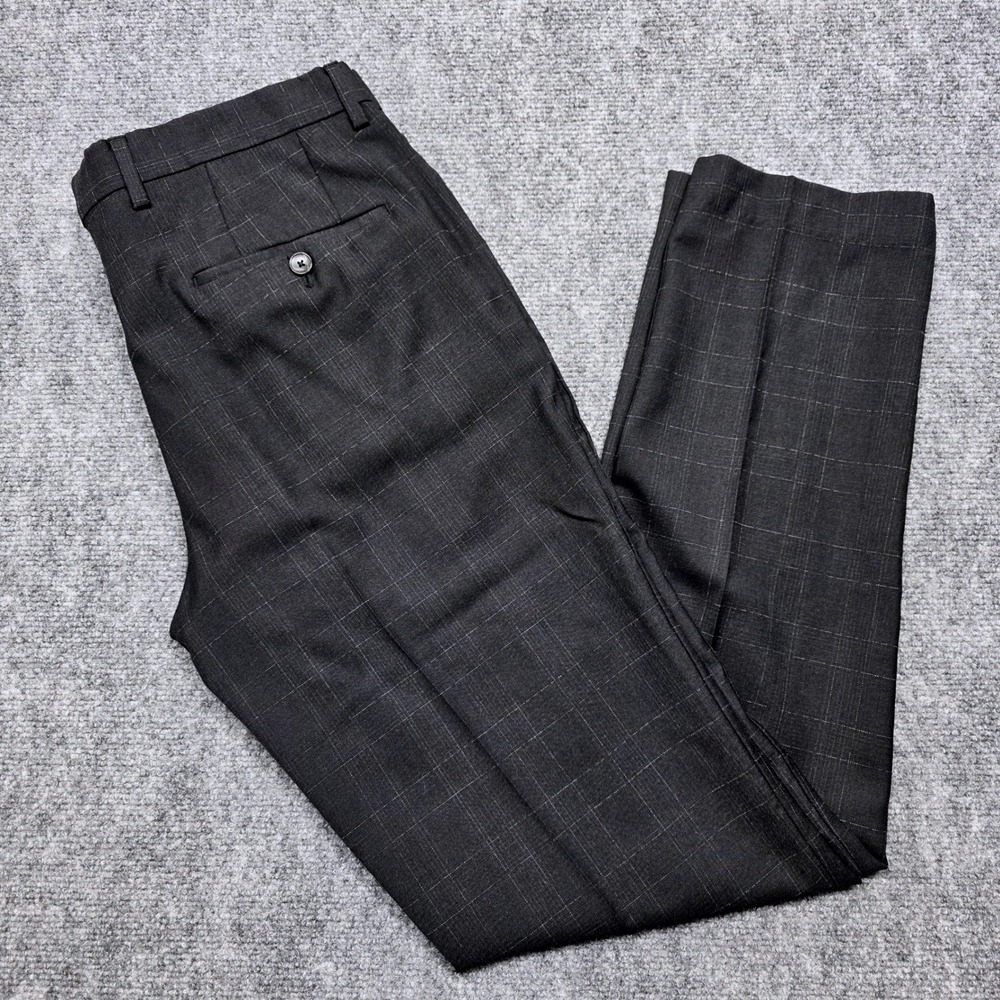 Hugo Boss Mens 36R x 33 Dark Grey Flat Front Virgin Wool Windowpane Dress Pants